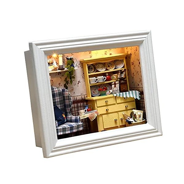 WonDerfulC Kit de modèle de cadre photo 3D en bois - Maison de poupée miniature à assembler avec lumière LED - Pour la Saint-