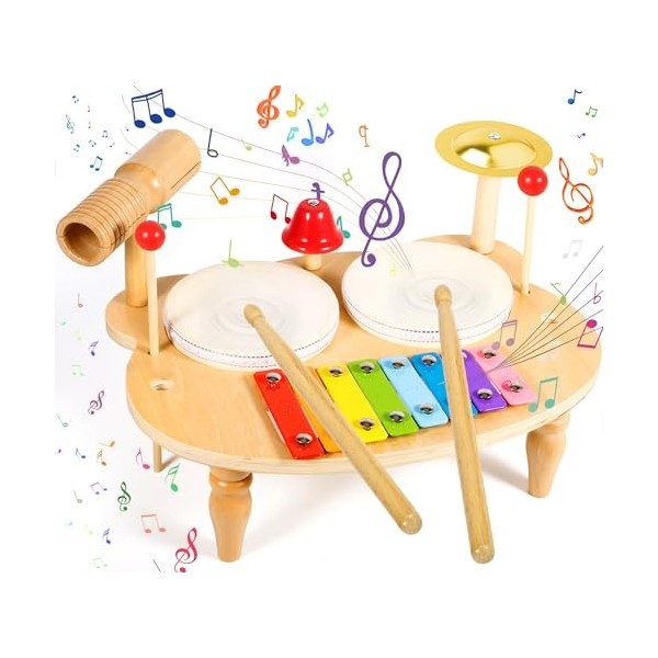 POWZOO Tambour Jouet Bebe,10 en 1 Jouets pour bébés Instruments de  Percussion,Instrument de Musique Ensemble de Batterie pour