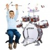 Finding Good Kit de batterie pour enfants, 5 tambours et cymbales avec tabouret, mini groupe rock – Design réaliste, instrume