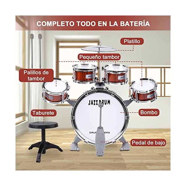 Finding Good Kit de batterie pour enfants, 5 tambours et cymbales avec tabouret, mini groupe rock – Design réaliste, instrume