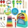 Jojoin 24pcs Instrument de Musique pour Enfant, Bois Percussion pour Bébé avec Ocean Wave Bead Drum, Xylophone, Triangle et A