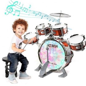 Shayson Kit de Batterie pour Enfants avec lumières, Batterie Enfant Instrument 5 Tambours avec Tabouret, Batterie Enfant Inst
