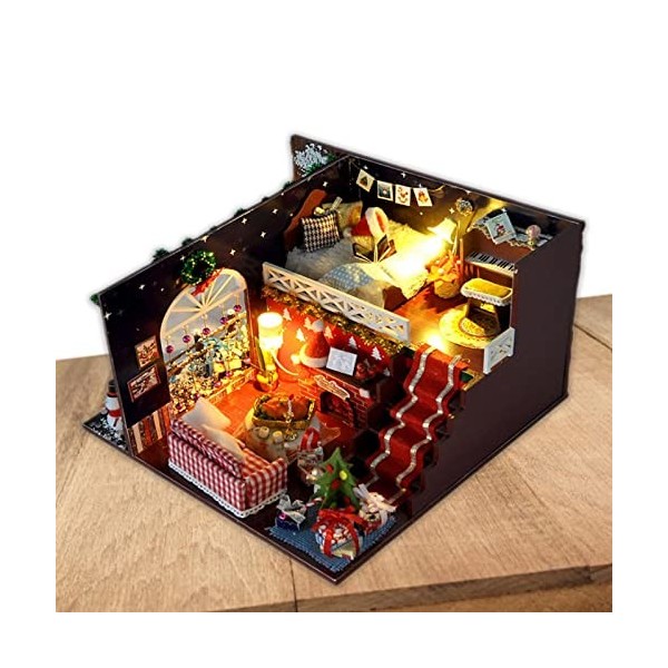 Gruwkue Maison modèle Noël, Miniature Maison poupée Bricolage avec Meubles, Chambre créative avec Meubles et Couvercle en Ver