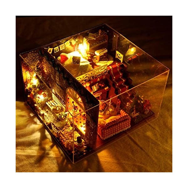 Gruwkue Maison modèle Noël, Miniature Maison poupée Bricolage avec Meubles, Chambre créative avec Meubles et Couvercle en Ver