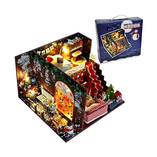 ORTUH Maison Bricolage Miniature Maison poupée LED - Maison modèle Noël - Chambre créative avec Meubles et Couvercle en Verre