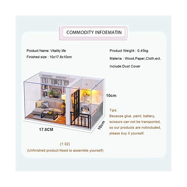 CUTEBEE Miniature avec des Meubles de Maison de poupée, kit DIY Dollhouse en Bois Ainsi Que la poussière et, 1:24 Salle créat