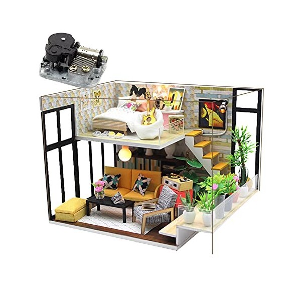 WonDerfulC Kit de maison de poupée de jouet dassemblage de loft moderne, modèle de maison de poupée miniature en bois 3D ave