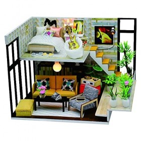 WonDerfulC Kit de maison de poupée de jouet dassemblage de loft moderne, modèle de maison de poupée miniature en bois 3D ave