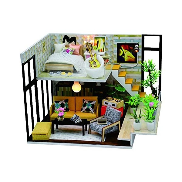 WonDerfulC Kit de maison de poupée de jouet dassemblage de loft moderne, modèle de maison de poupée miniature en bois 3D ave