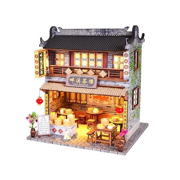 Maquette de construction de maison de poupée de style chinois - Kit miniature 3D - Mobilier de maison à LED - Puzzle - Jouet 