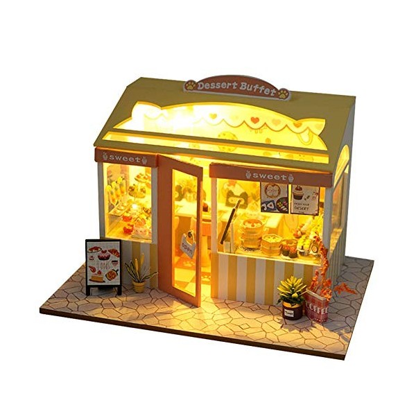 erhumama DIY Miniature Dessert Sushi Shop avec meubles Lumière LED Magasin en bois Maison de poupée Assemblage Puzzle Cadeau 