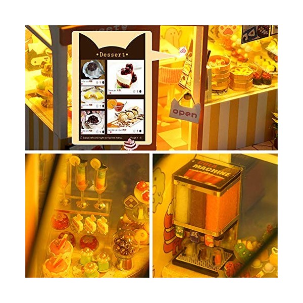 erhumama DIY Miniature Dessert Sushi Shop avec meubles Lumière LED Magasin en bois Maison de poupée Assemblage Puzzle Cadeau 