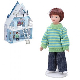 Natudeco Miniature Garçon Poupée 1:12 Échelle Pull Vert Cheveux Bruns Mini Garçon Figures Artisanat Modèles Ornement pour Mai