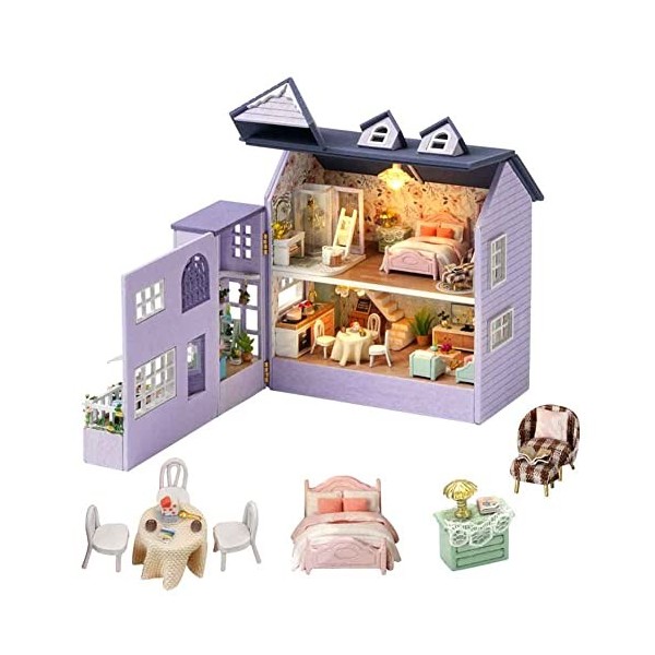 Maison de poupée Miniature de Meubles en Bois Bricolage Maison de poupée avec LED Chambre créative, Cadeau Adulte Adolescent 