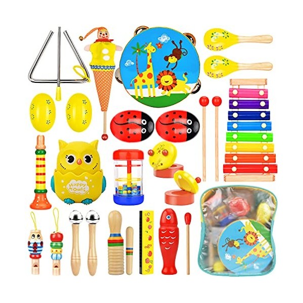 Wesimplelife Instruments de Musique Jouets de Percussions Enfants Set en Bois Instruments pour Bébé avec Xylophone, Tambourin