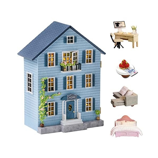Kit de Maison de poupée Miniature de Meubles en Bois Bricolage Maison de poupée avec LED Chambre créative, Cadeau Adulte Adol