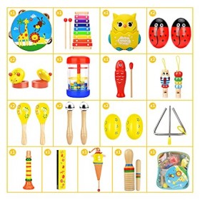 Wesimplelife Instruments de Musique Jouets de Percussions Enfants Set en Bois Instruments pour Bébé avec Xylophone, Tambourin