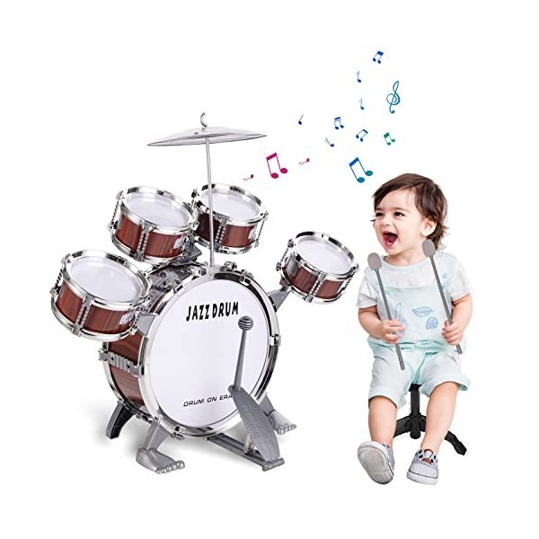 Kit de Batterie pour Enfants, Batterie Enfant Instrument 5 Tambours avec Tabouret, Percussion Musique Jazz Tambour Anniversai