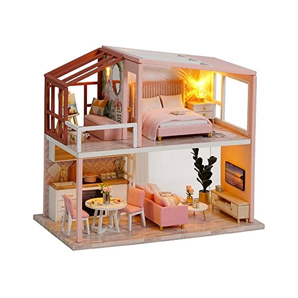 CUTEROOM DIY Maison Miniature, Miniature avec des Meubles de Maison de poupée, kit DIY Dollhouse en Bois Ainsi Que la Mouveme