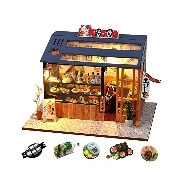 Maison de poupée Miniature de Style Japonais avec Meubles - Maison de poupée en Bois - Maison créative avec lumière LED Saku