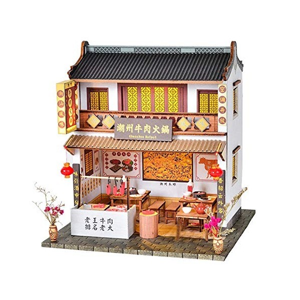 erhumama Maison de poupée en Bois avec Meubles Kits déclairage Miniature Chinois Hotpot Shop Puzzle en Bois bâtiment modèle 