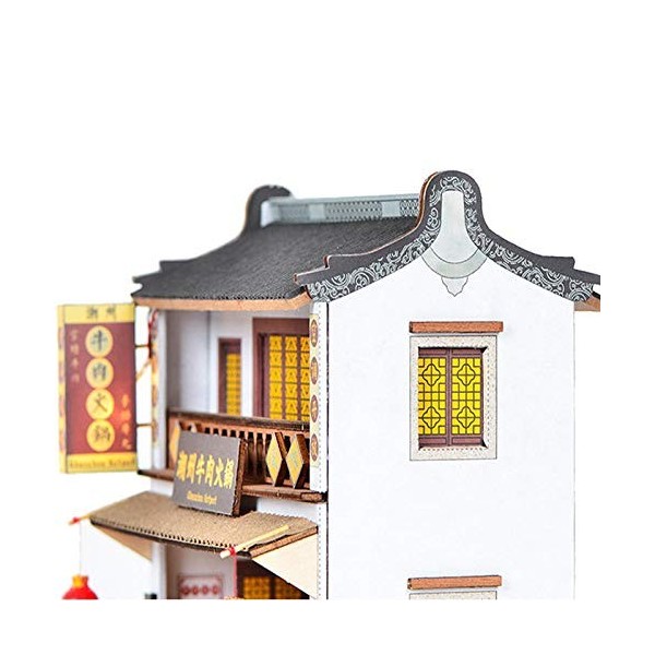 erhumama Maison de poupée en Bois avec Meubles Kits déclairage Miniature Chinois Hotpot Shop Puzzle en Bois bâtiment modèle 