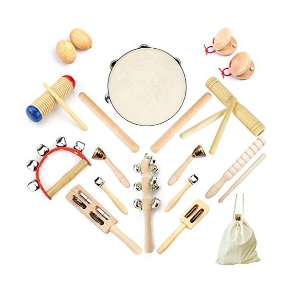 Ulifeme Instrument de Musique Enfant, 23 Pièces Instrument Musique Bois pour Bebe, Ensemble de Jouets 100% Bois Pur, Kit Ryth