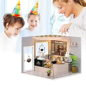 Maison de jouet miniature 3D Coffee Shop avec housse de protection en bois Modèle de construction en bois Maison de poupée DI