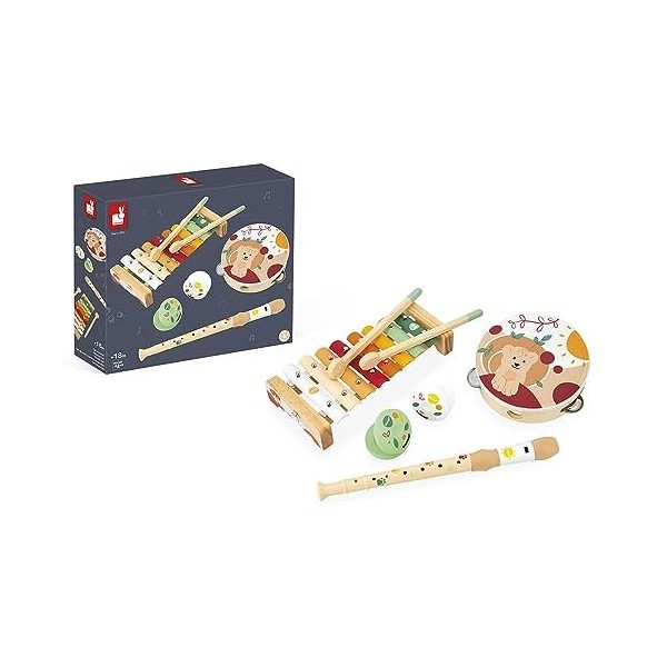 Janod - Set Musical 5 Instruments en Bois Sunshine - Instrument de Musique Enfant - Jouet dImitation et dÉveil Musical - Pe