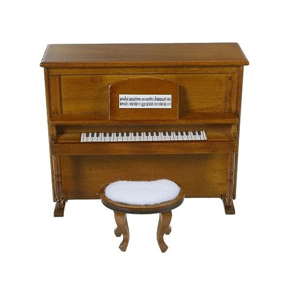 Yardwe 1 Ensemble Modèle De Piano De Maison De Poupée avec Tabouret 1:12 Simulation Piano Droit en Bois Miniature Instrument 