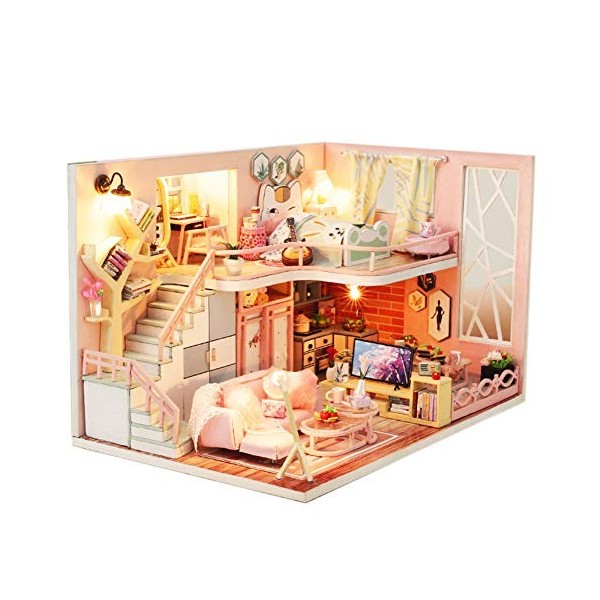 SEPTEMBER - Maison de poupée miniature en bois rose 3D DIY kit assemblé pour cadeau danniversaire avec lumières LED