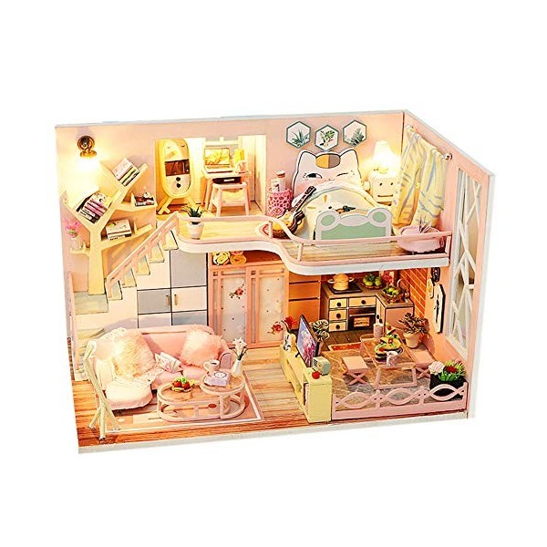 SEPTEMBER - Maison de poupée miniature en bois rose 3D DIY kit assemblé pour cadeau danniversaire avec lumières LED