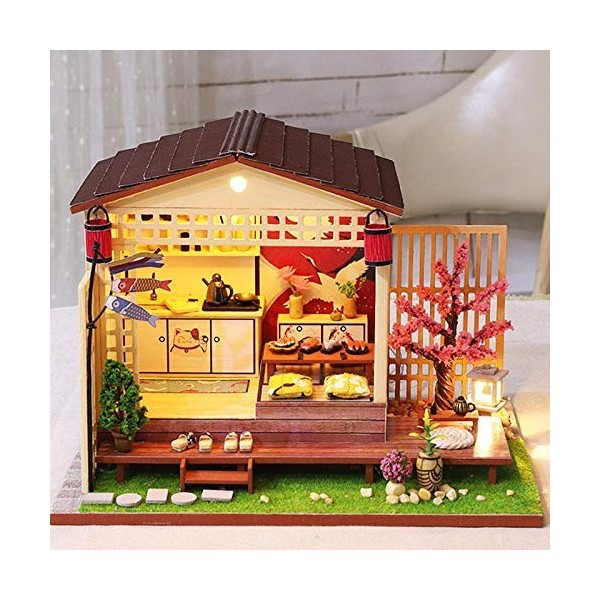 erhumama DIY Maison de poupée miniature japonaise Tatami meubles Kits de lumière LED Fleurs de cerisier Fait à la main Puzzle