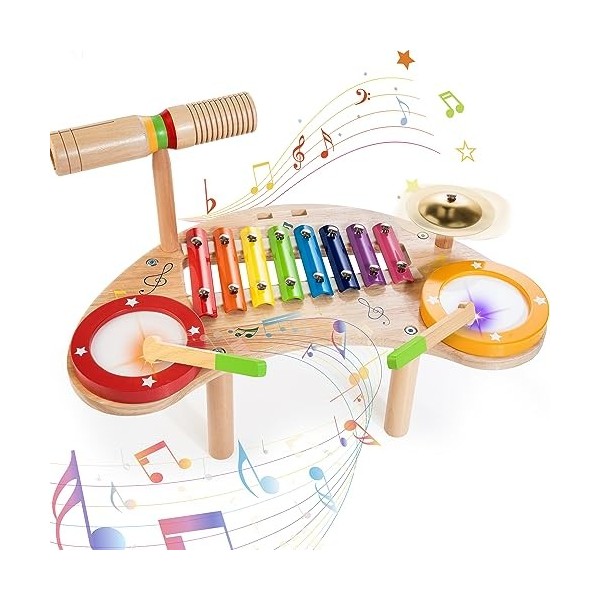 JUSTWOOD 6 en 1 Tambours en Bois Percussion Enfants Batterie, Jouets musicaux Instruments de Musique Enfants Tambours Jouet é