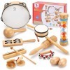 Jouets Musicaux Bois Instruments de Musique Enfants Jouet en Bois Bebe Set en Tambourin Triangle Crecelle en Bois Maracasse B