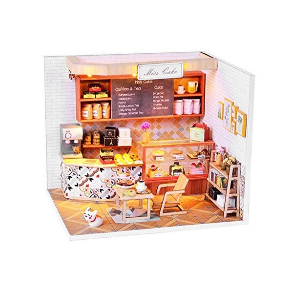 WonDerfulC Mini maison de poupée en bois à monter soi-même avec LED pour café, dessert, gâteau, cadeau danniversaire idéal p