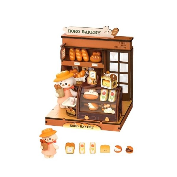 Rolife Maison de poupée en Bois RORO Bakery Mini Friends Series Maison de poupée Noël Anniversaire Cadeaux pour Filles Jeu Co