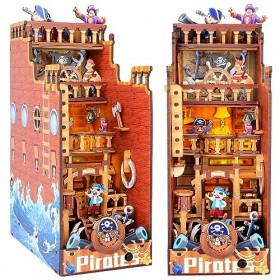 DIY Book Nook Kit : Puzzle 3D en Bois Maison du Pirate avec Meubles et LED, Kit Maison de Poupée Miniature Décoration étagère