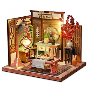 erhumama Kit de maison de poupée miniature 3D en bois style chinois antique, meubles de salle détude, lumières et accessoire