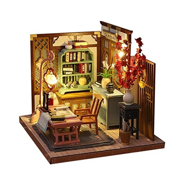 erhumama Kit de maison de poupée miniature 3D en bois style chinois antique, meubles de salle détude, lumières et accessoire