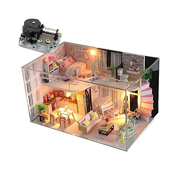 WonDrtherC Bricolage Jouet Maison Kit créatif Rose Loft bâtiment modèle Miniature Maison de poupée 3D Maison Kit pour Filles 