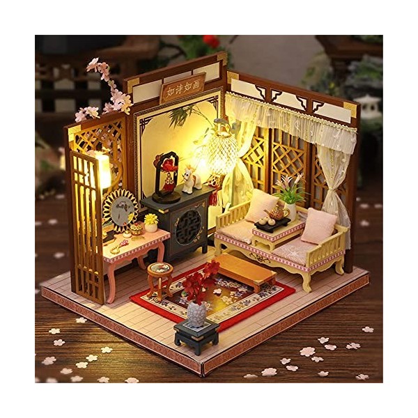 erhumama Kit de maison de poupée miniature 3D en bois pour salon, maison de poupées, meubles, canapé, lumières LED, accessoir