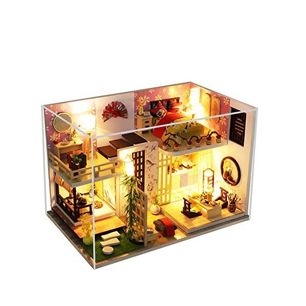 erhumama Maison de poupée à monter soi-même, avec éclairage LED, housse anti-poussière miniature, tatami japonais, loft, pièc