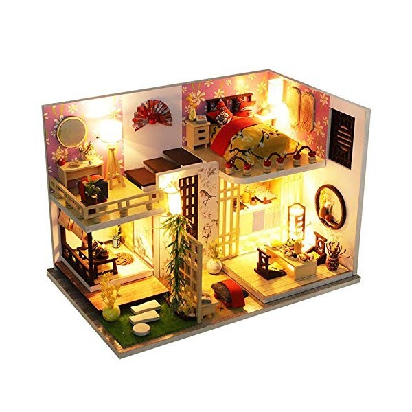 erhumama Maison de poupée à monter soi-même, avec éclairage LED, housse anti-poussière miniature, tatami japonais, loft, pièc