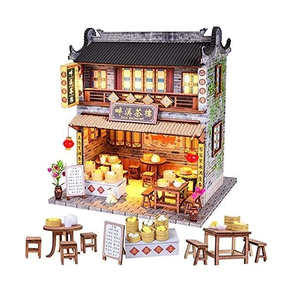 Kit de maison de poupée miniature bricolage avec lumière LED style chinois maison de thé modèle de construction adulte assemb