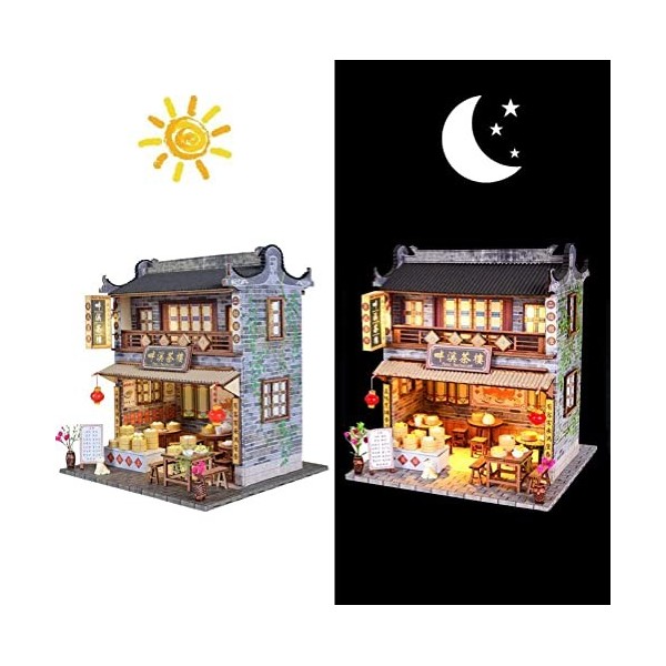 Kit de maison de poupée miniature bricolage avec lumière LED style chinois maison de thé modèle de construction adulte assemb