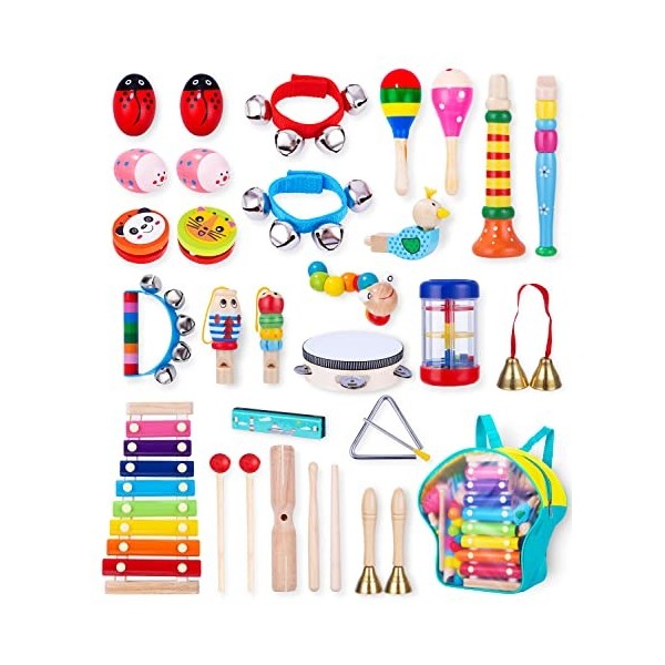 JOFLVA Instrument De Musique Enfant, 32 PCS Instrument De Musique, Ensemble De Jouets Musicaux Bois, Instruments De Musique J