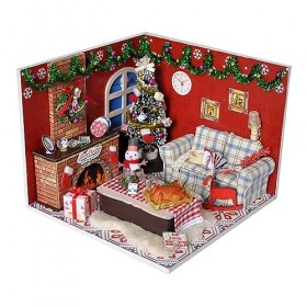 Fiorky Kit de Meubles de Noël DIY Maison de poupée Miniature Maison de poupée en Bois avec Housse Anti-poussière et Accessoir