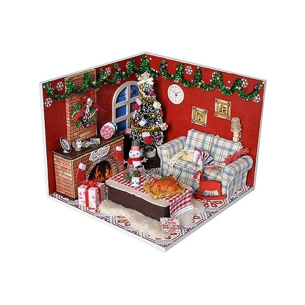Fiorky Kit de Meubles de Noël DIY Maison de poupée Miniature Maison de poupée en Bois avec Housse Anti-poussière et Accessoir