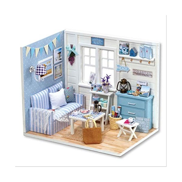 Haokaini DIY Miniature Dollhouse Kit Mini 3D Réaliste Maison en Bois Chambre Artisanat avec des Meubles LED Lumières Maison D